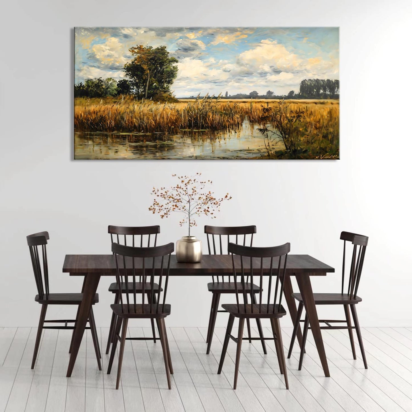 LASMOND Beautiful Wilderness Meadow Canvas Wall Art Oil Painting Reproduction Print Vintage Wildflower Field Scenery Countryside Landscape Tree Rustic Retro Decor Artwork for Country Farmhouse Bedroom 20x40 Inches