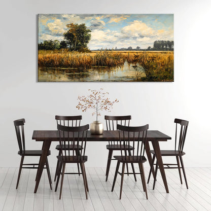 LASMOND Beautiful Wilderness Meadow Canvas Wall Art Oil Painting Reproduction Print Vintage Wildflower Field Scenery Countryside Landscape Tree Rustic Retro Decor Artwork for Country Farmhouse Bedroom 20x40 Inches