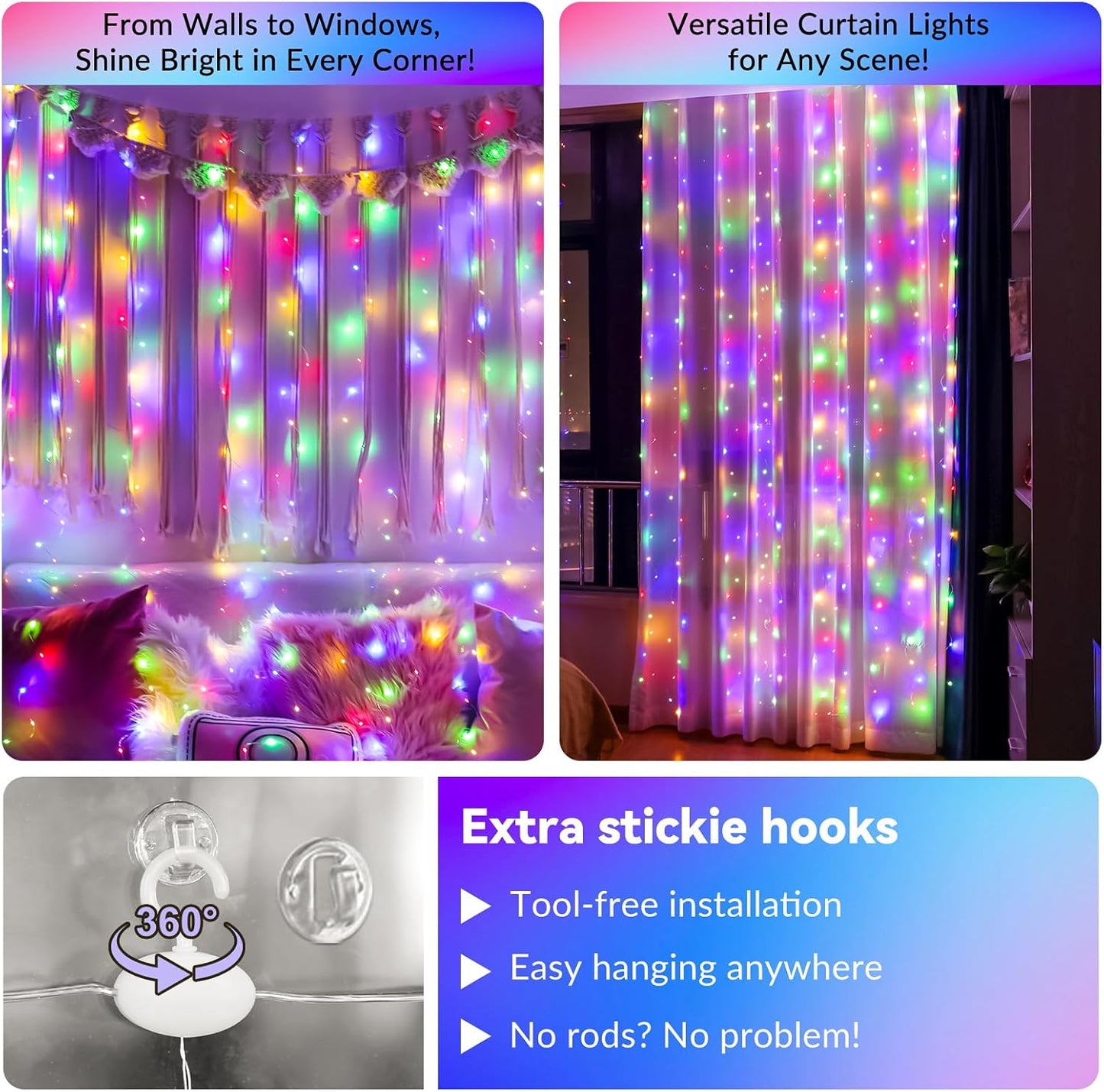 HXWEIYE 300LED Multicolor Fairy Curtain Lights with Remote 8 Modes Timer for Bedroom, 9.8x9.8Ft USB Plug in Christmas Fairy String Hanging Lights for Outdoor, Weddings, Party, Wall, Decorations