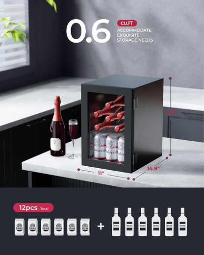 6 Bottles and 6 Cans Compact Beverage Refrigerator, Freestanding Mini Fridge with Temperature Control for Beer Wine, Under Counter Small Refrigerator Adjustable Shelve & Glass Door for Home and Bar