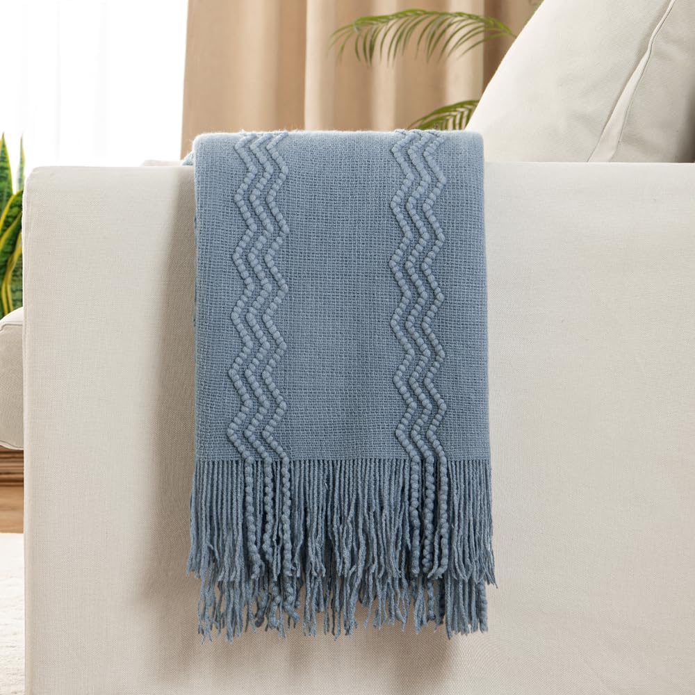 MIULEE Dusty Blue Cozy Knitted Throw Blanket for Couch Textured Knit Blanket with Tassels Woven Acrylic Wave Pattern Boho Blankets for Sofa Bed Chair 50"x60"