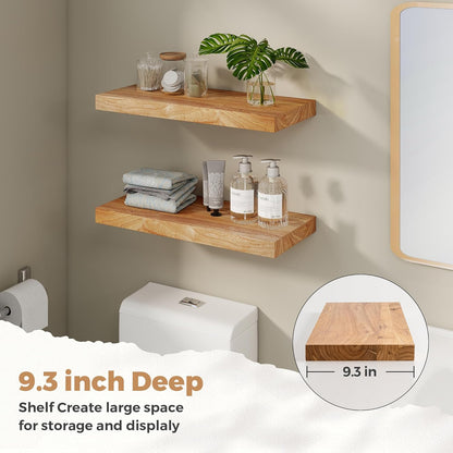 RICHFOCUS Elm Floating Shelves for Wall - 24" W x 9.3" D Rustic Solid Wood Shelves with Invisible Bracket, Wall-Mounted for Living Room, Bedroom, Kitchen Storage & Display, Set of 2, Natural