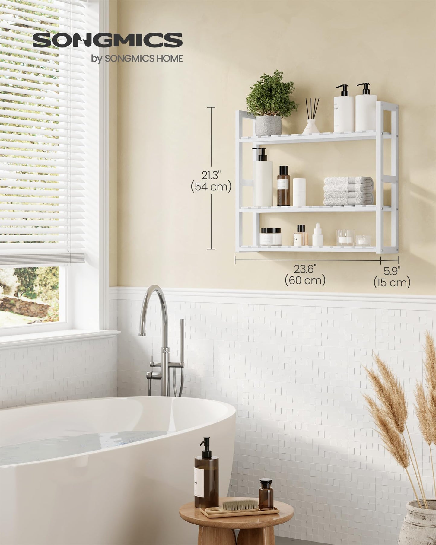 SONGMICS Bamboo Bathroom Shelf, 3-Tier Adjustable Plants Rack, Wall-Mounted or Stand, in The Living
