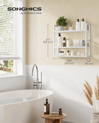 SONGMICS Bamboo Bathroom Shelf, 3-Tier Adjustable Plants Rack, Wall-Mounted or Stand, in The Living