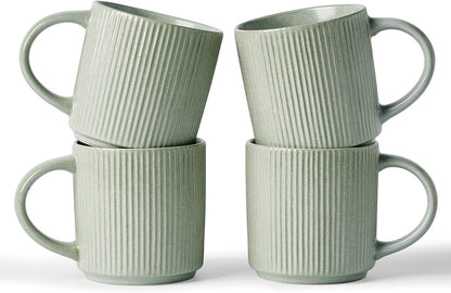 famiware Coffee Mug Set for 4, Star 12 oz Catering Mugs Cup Set with Handle for Coffee, Tea, Cocoa, Milk - Ceramic Stoneware Drinkware Set, Matte Green