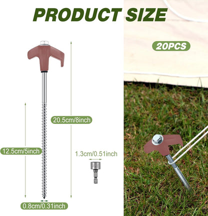 Hicarer 20 Pcs 20 Pcs 8'' Screw in Tent Stakes Heavy Duty Ground Metal Stakes for Inflatables with Hex Head Driver for Outdoor Camping Tent Inflatable Garden Decor (Brown)