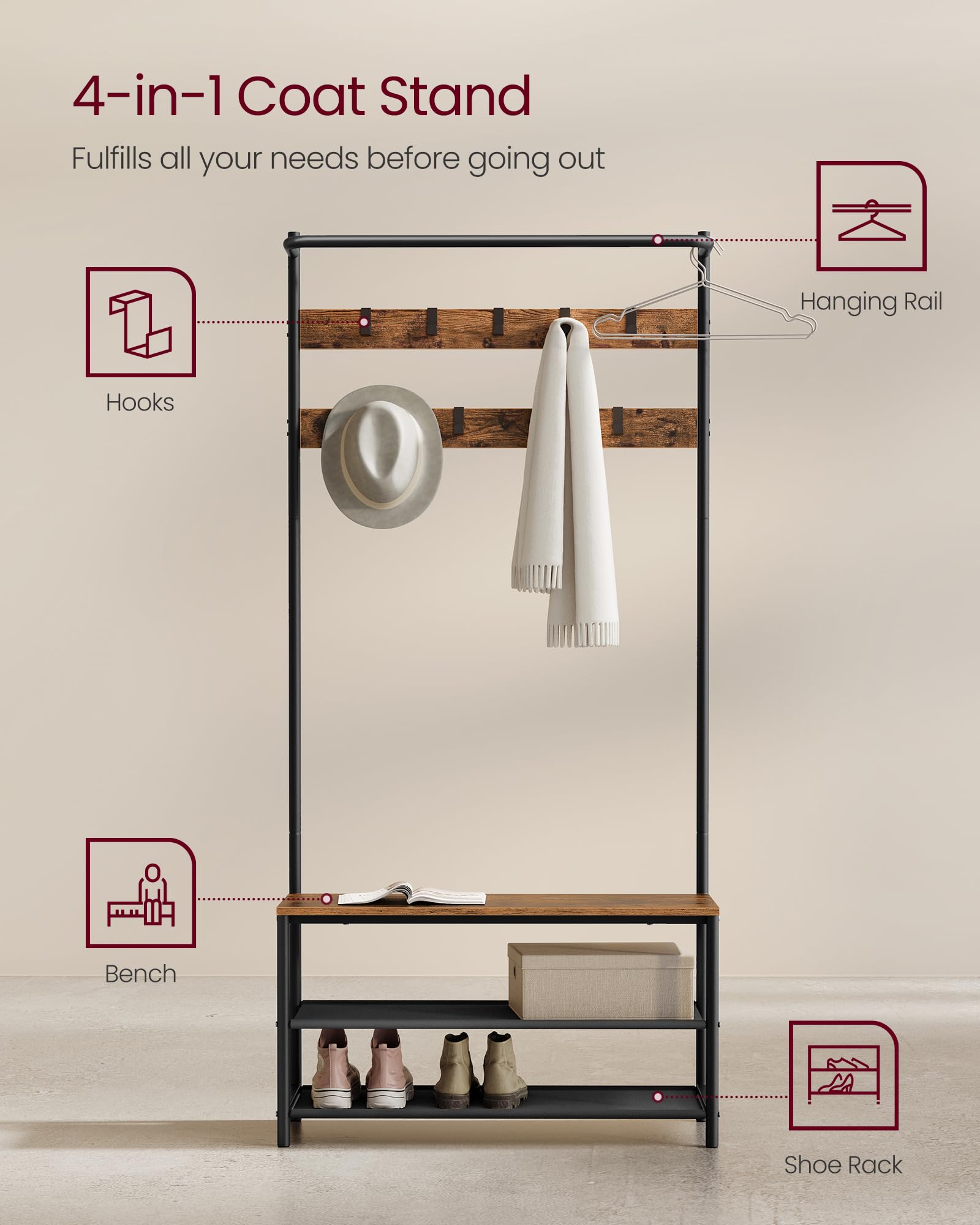 VASAGLE Hall Tree with Bench and Shoe Storage, Entryway Bench with Coat Rack Stand and Shoe Rack, 9