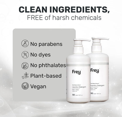 FREY Concentrated Liquid Laundry Detergent | Formulated for Sensitive Skin & HE Washers | Removes Stains Effectively | 50 Loads per Bottle (2-pack Unscented)
