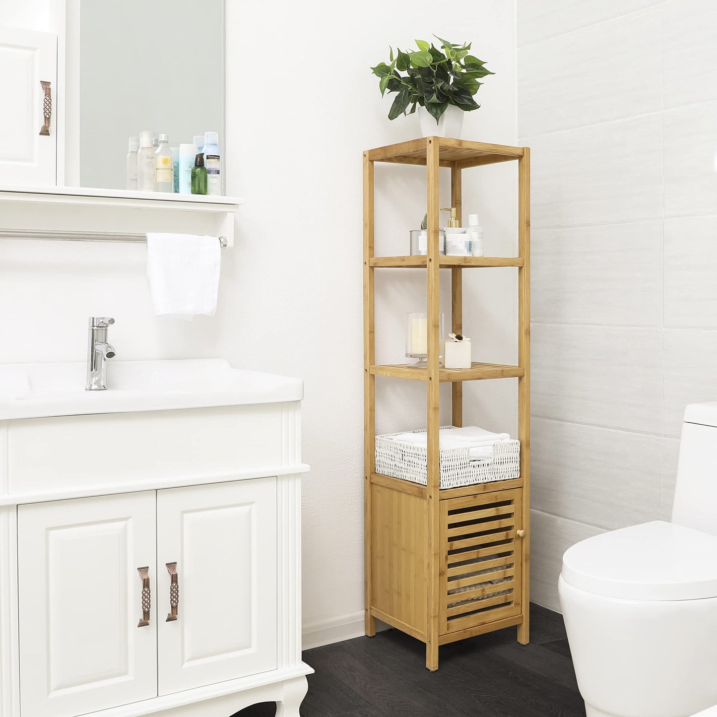 SONGMICS Bamboo Bathroom Storage Floor Cabinet, 4 Tiers Multifunctional Floor Shelving Unit, Free