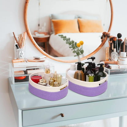 7 Piece Cotton Rope Woven Basket Set - Small Basket for Baby Nursery, Pets, Montessori, Dog & Cat Toy Boxes, Bathroom Organization Bins (White/Purple)