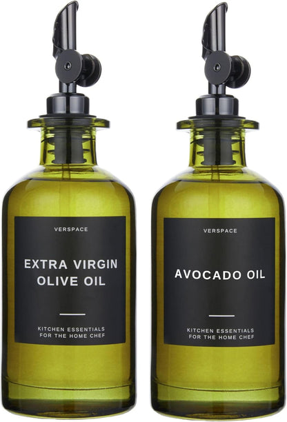 Green Glass Olive Oil Dispenser Bottle For Kitchen By Verpsace,Avocado Oil Dispenser Set, Modern Decor, Gold Kitchen Accessories for Home, Airbnb, Cafe (Black, Set of 2)