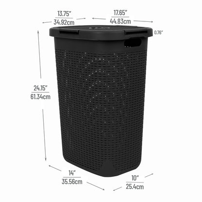 Mind Reader 60L Slim Laundry Hamper, Clothes Basket, Lid, Wicker Design, Plastic, 17.65"L x 13.75"W