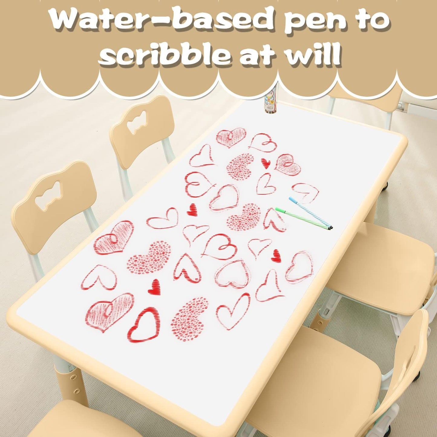 Children's Table and Chair Set Suitable for Boys and Girls Age 2-12 Height Adjustable Table top Can be Painted with 6 Seats Suitable for Family Learning Daily use (Wood Color)