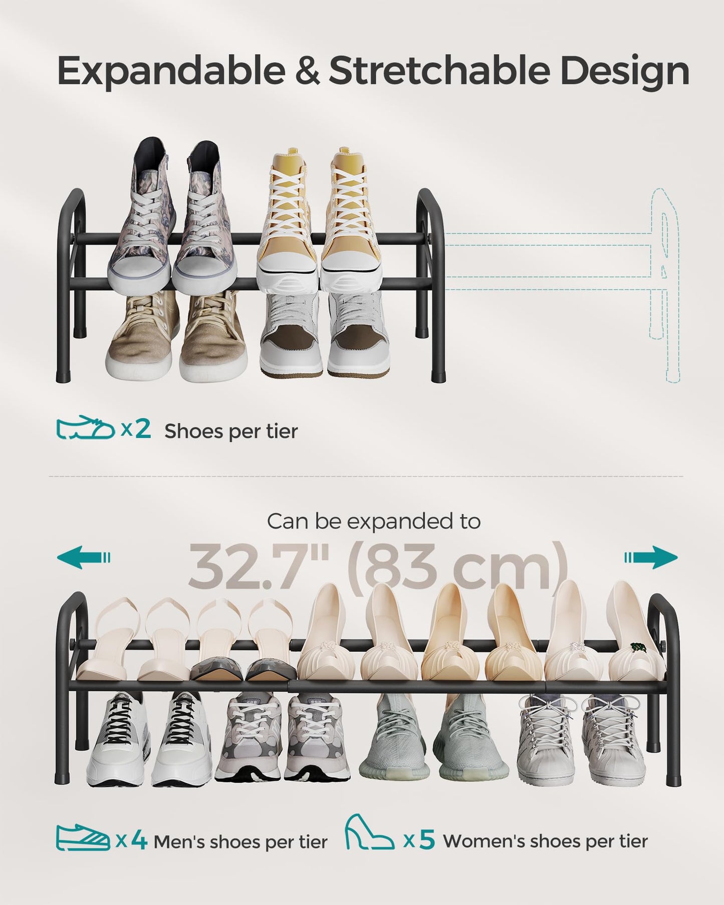 SONGMICS Expandable Shoe Rack, 1 Tier Shoe Rack Shelf, Adjustable Shoe Organizer Storage for 10