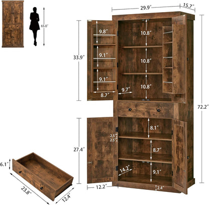 usikey 72” Kitchen Pantry Cabinet, Tall Storage Cabinet with 4 Doors and 1 Drawer, Freestanding Cupboard with 6 Hanging Shelves and Adjustable Shelves for Kitchen, Living Room, Rustic Brown