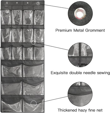 Extra Large Hanging Over Door Shoe Organizer, Closet Shoe Rack - 12+6 Crystal Pockets, 4 Hooks, Black (59"x 21.6")