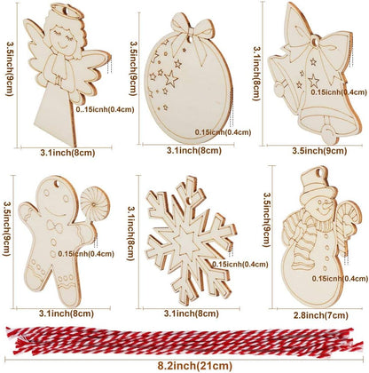 48PCS Christmas Crafts for Kids, Wooden Christmas Ornaments Unfinished Wood Slices with 6 Styles, DIY Christmas Ornaments Kits for Christmas Tree Holiday Hanging Decorations