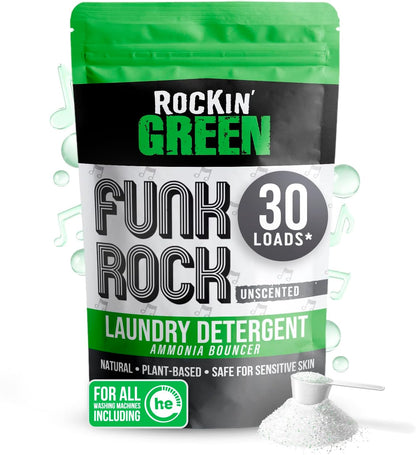 Rockin' Green Laundry Detergent, Plant based, All Natural Laundry Detergent Powder, Vegan and Biodegradable Odor Fighter, Safe for Sensitive Skin (Funk Rock Ammonia Bouncer 30 Loads - Unscented)