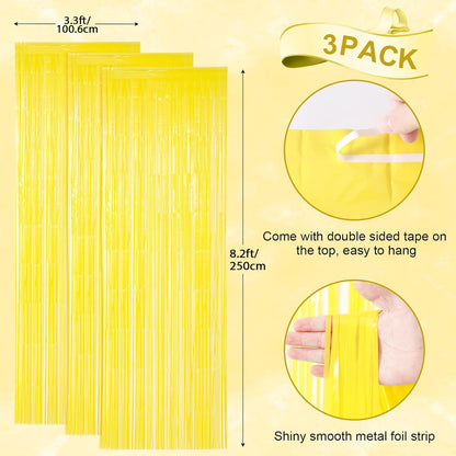 3 Pack 3.3 x 8.2 ft Pastel Yellow Foil Fringe Backdrop Curtains, Tinsel Streamers Birthday Party Decorations, Fringe Backdrop for Graduation, Baby Shower, Gender Reveal, Disco Party
