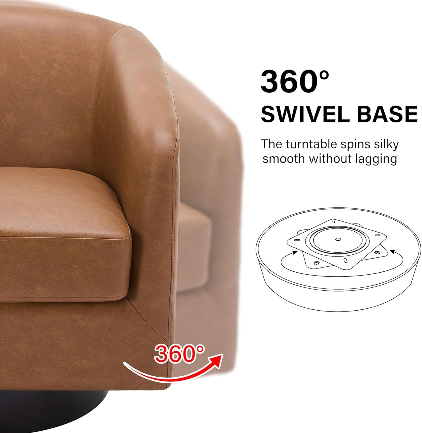 Swivel Barrel Accent Chair, Modern Round Faux Leather Arm Chair for Living Room, Bedroom, Comfy Club Reading Chairs for Adults(Faux Leather, Brown, Set of 4)
