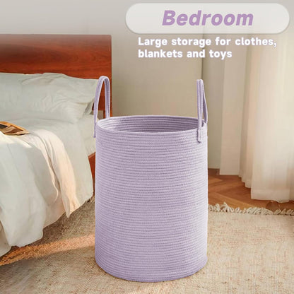 Large Woven Laundry Basket Hamper,60L Cotton Rope Storage Bin for Blankets,Toys and Clothes,Decorative Tall Nursery Hamper for Living Room,Baby Nursery,Bathroom and Bedroom,Purple