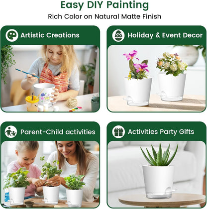 6 inch Self Watering Pots for Indoor Outdoor Plants, 6 Pack Flower Plant Pots with Drainage Holes and Clear Reservoirs, Visible Water Level, Plastic Planters with Wicking Rope, White