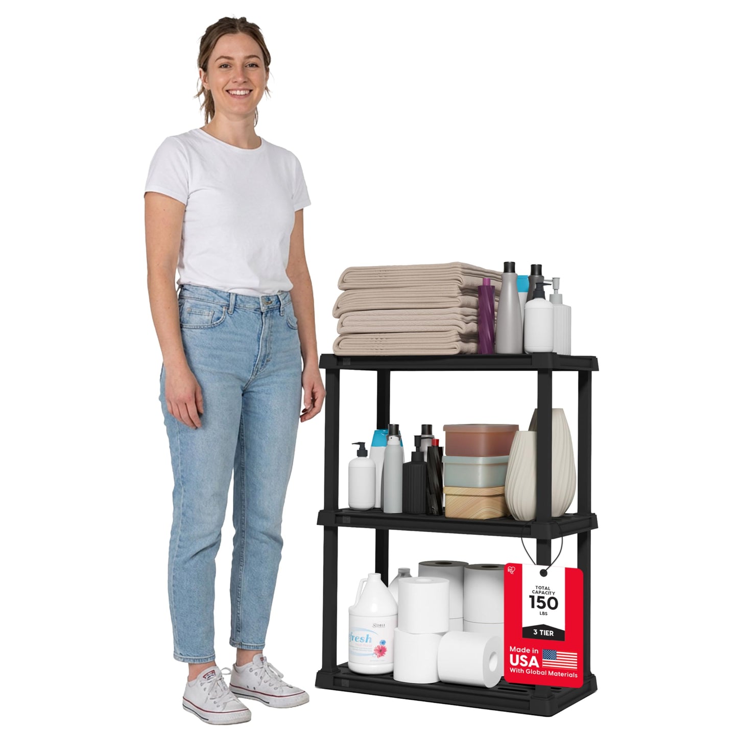 IRIS USA Plastic Storage Shelves |Made in USA| 33"H x 24"W x 12"D - Black