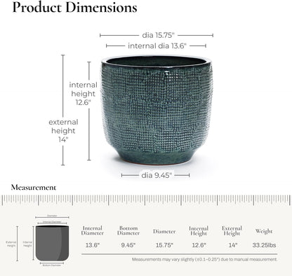 LuxenHome 15.5" Dia Large Ceramic Pots for Plants, Modern Green Glazed Planters for Outdoor Plants, Round Indoor Flower Pots with Drainage Hole and Rubber Plug for Home Garden Patio