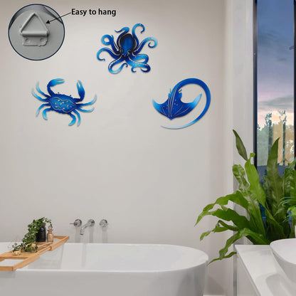 Metal Octopus Crab Manta Ray Coastal Nautical Ocean Decor Outdoor Metal Wall Art Decor Garden Pool Patio Bathroom Yard Farmhouse Fence Deck