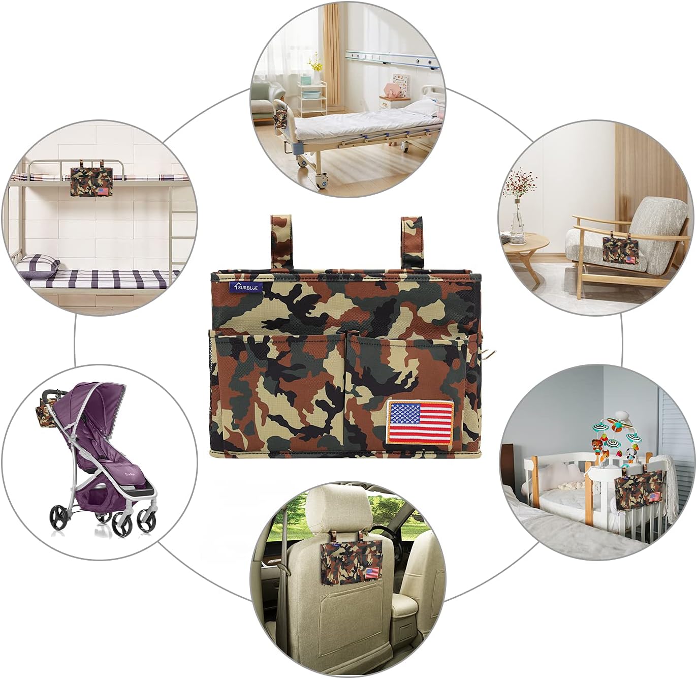 Surblue Bedside Caddy Hanging Organizer Storage Bag Pocket for Bunk, Hospital Beds, College Dorm Rooms, Baby Bed Rails, Wheelchair Side Bag, Camp Chairs, 4 Pockets and 2 Hooks (Small Jungle)