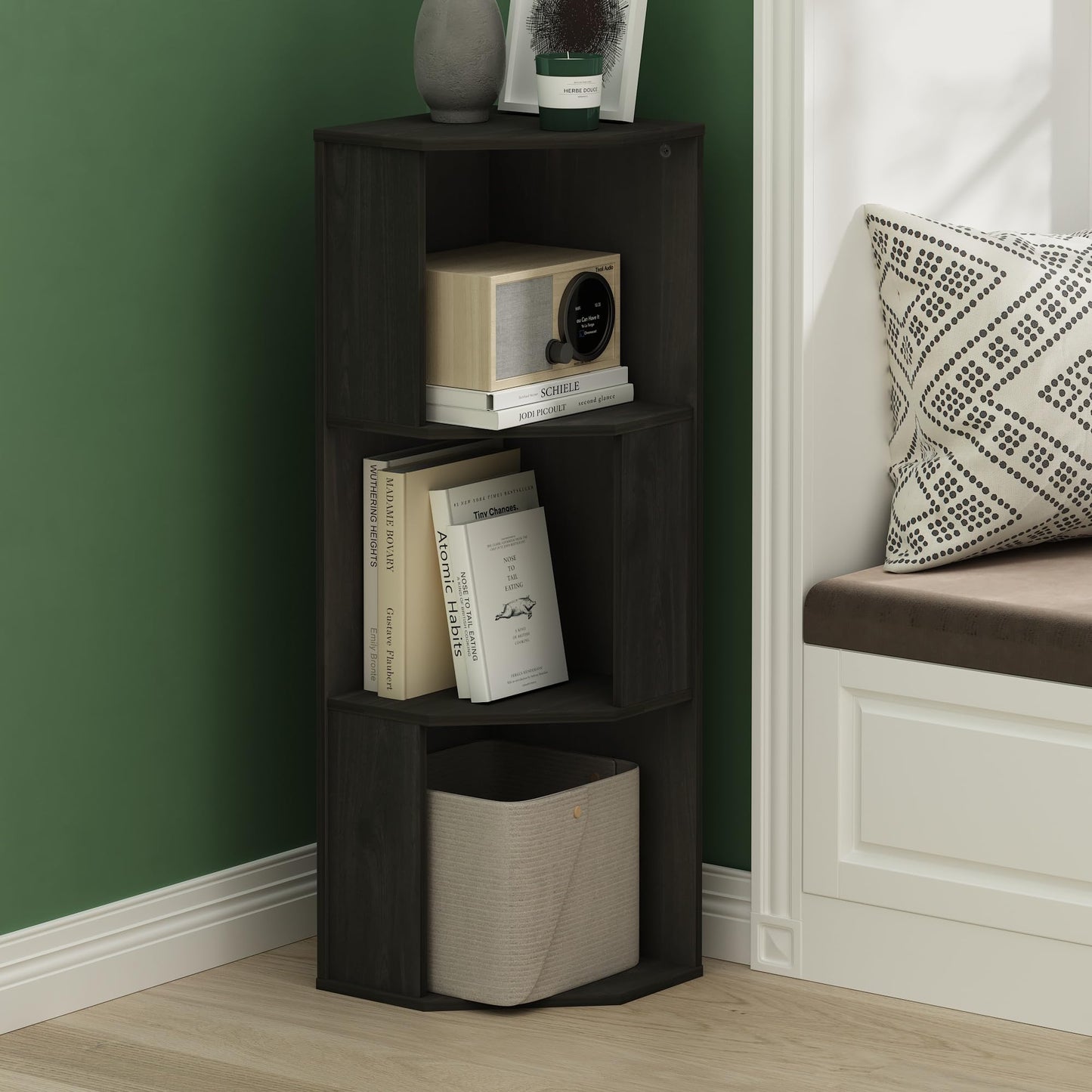Furinno ECON Corner Shelf, 3-Tier Corner Book Shelf, Standing Storage Shelves, Cube Display Rack