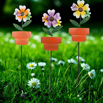 Metal Garden Stakes Decor,3 Pack Flowers Pot Decorative Garden Stakes, Waterproof Spring Outdoor Decor,Metal Flowers Garden Decor for Outside,Lawn,Yard,Pathway
