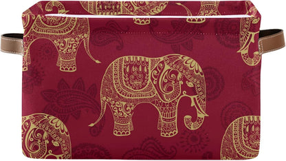 susiyo Foldable Storage Bins Large Collapsible Fabric Storage Baskets with Leather Handles Organizing Box for Shelves Home Bedroom Nursery Office 1 Pack，Indian Tribal Elephants