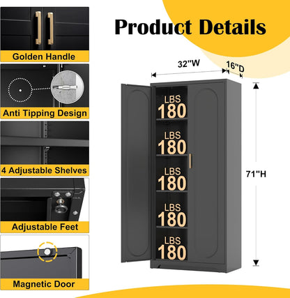 Metal Tall Black Cabinet, 71' Pantry Cabinet with Doors and 4 Adjustable Shelves, for Pantry, Laundry Room, Living Room, Dining Room