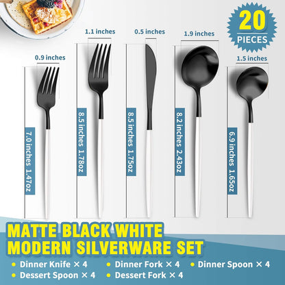 Matte Black White Silverware Set for 4,Modern Stainless Steel Brushed Cutlery Set,20-Pieces Heavy Duty Flatware Set,Knives Spoons and Forks Set Utensils Set, Satin Finish, Dishwasher Safe
