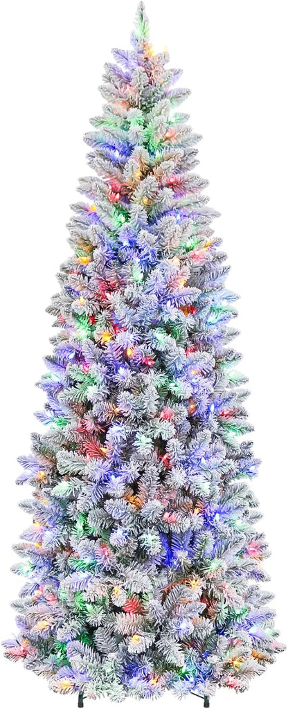 Hykolity 6 ft Prelit Snow Flocked Pencil Slim Christmas Tree, 544 PVC Branch Tips, 200 Color Changing LED Lights, Metal Stand and Hinged Branches, 10 Color Modes