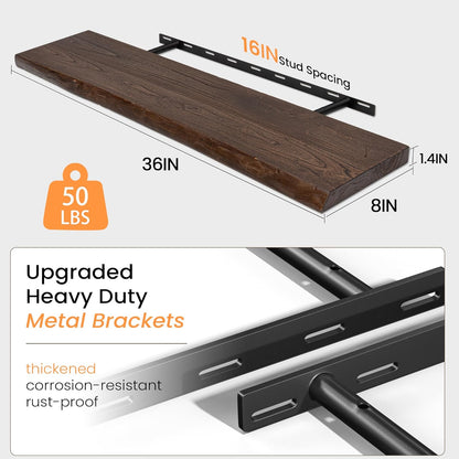 Fun Memories Solid Elm Wood Floating Shelves, 36 Inch Floating Shelves for Wall, Wall-Mounted Live Edge Wooden Shelves with Invisible Heavy-Duty Brackets for Books, Bathroom, Kitchen, Walnut Finish