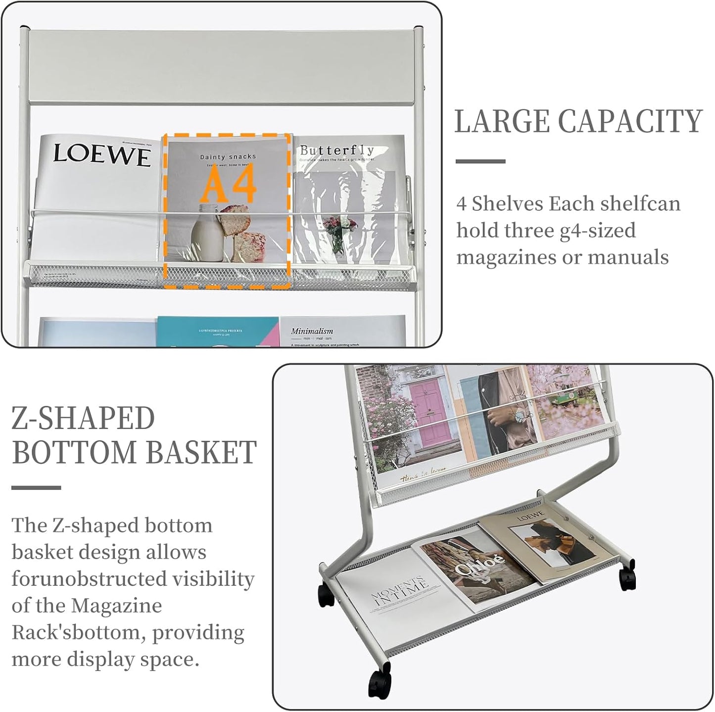 tongmo Floor-Standing Magazine Rack 4-Layer with Wheels, Brochure Display Stand, High-hardness metal for Exhibitions, Office, and Any Organization Requiring Information Display (White)