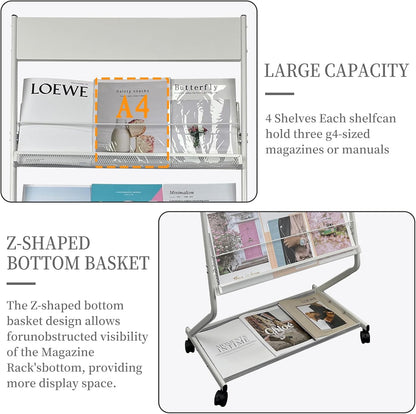 tongmo Floor-Standing Magazine Rack 4-Layer with Wheels, Brochure Display Stand, High-hardness metal for Exhibitions, Office, and Any Organization Requiring Information Display (White)