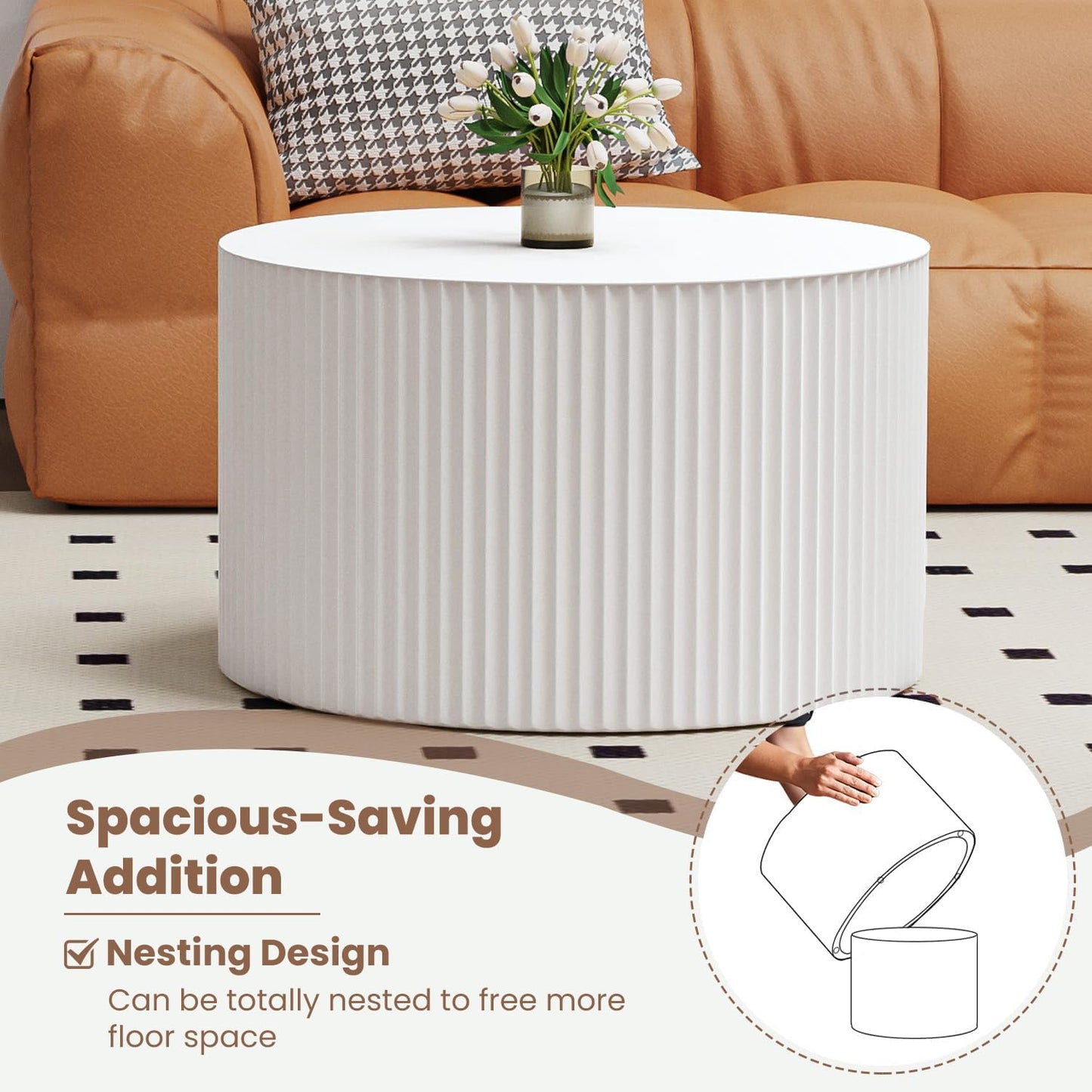 Round Nesting Coffee Table Wood Drum Nesting Tables Modern Stacking Coffee Table Set of 2 Fluted Center Table End Table for Living Room Home Office Small Spaces, No Assembling (Beige Large)