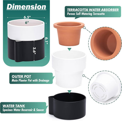Phoenix Vine 6.5 Inch Self-Watering Planter Pot with Terracotta Insert, Deep Water Reservoir, and Ceramic-Alike BPA-Free Plastic Pot for Plant, Modern Planter for Houseplants, Black/White, 53-C-S-7