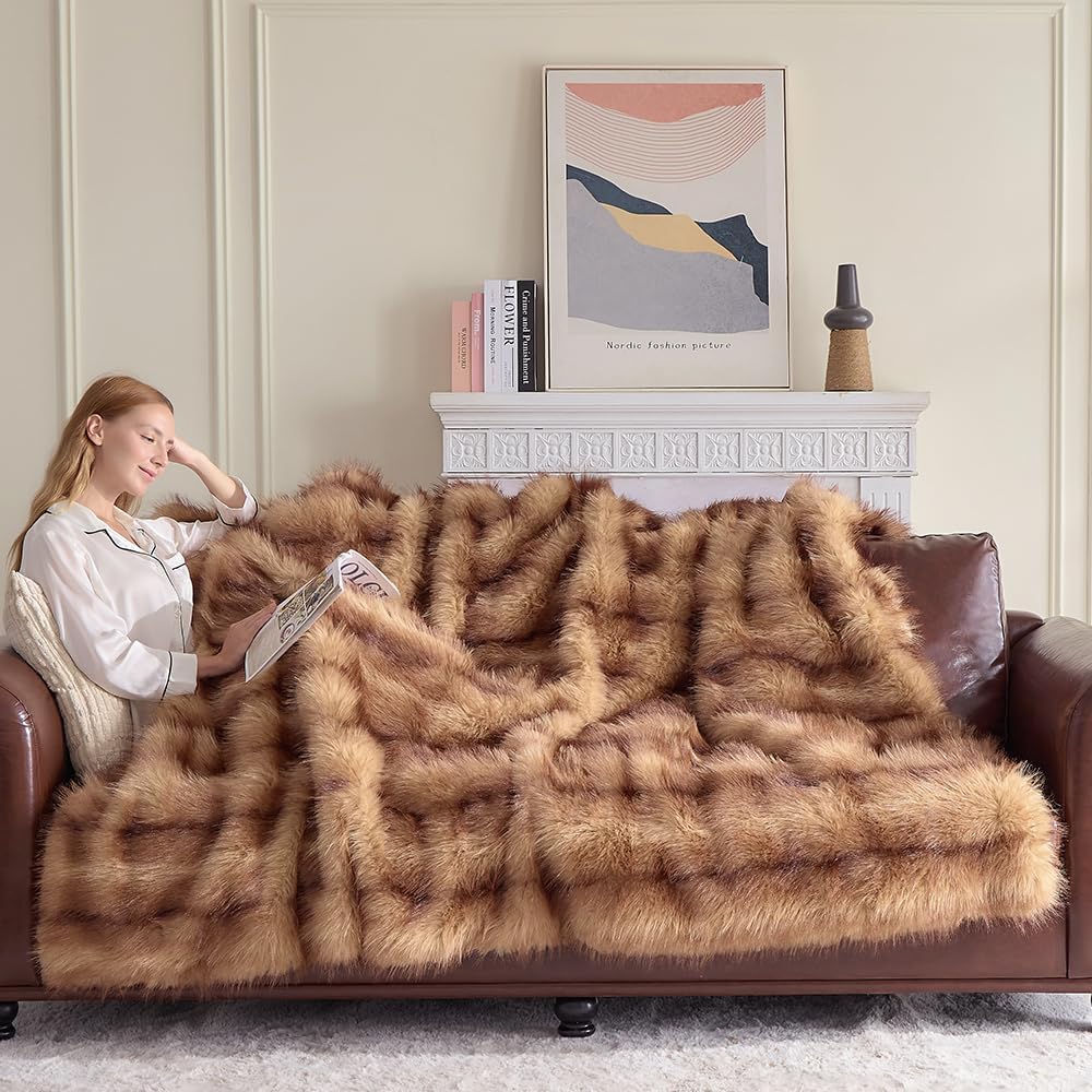 Fluffy Faux Fur Throw Blanket – Super Soft Warm Thick Plush Blanket for Bed, Couch & Office, Cozy Fuzzy Throw with Flannel Backing,108"x90", Brown