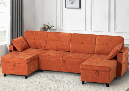 ACMEASE110“ Inches L-Shaped Pull Out Sofa Bed w/Storage Chaise & Adjustable Back, Chenille Sectional Sofa w/USB Port,Tufted Sleeper Couch w/Cup Holders for Living Room, Orange