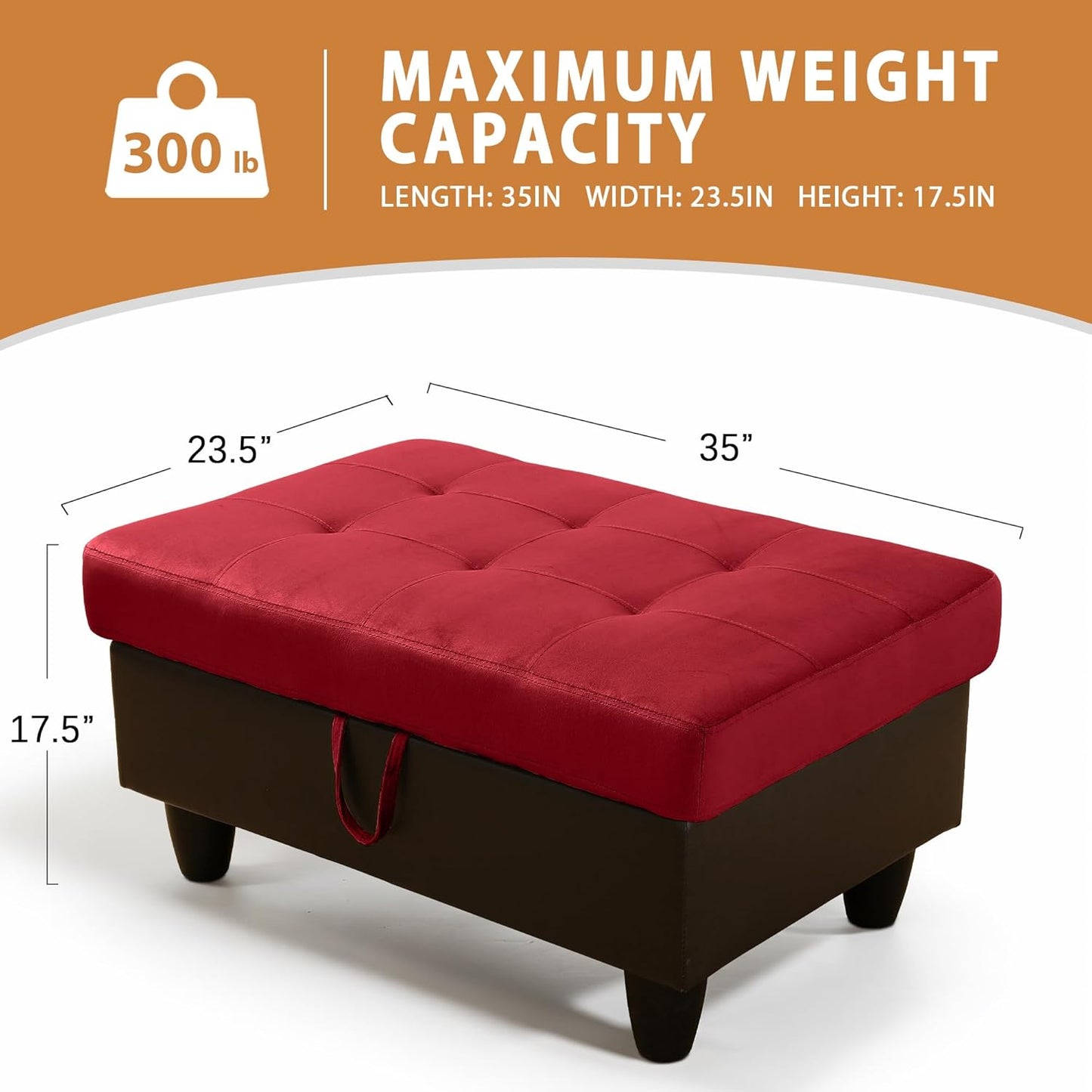 Ottoman Rectangular Storage Ottoman Bench, Flannel Footrest Stool Footstool with Lid for Living Room, Bedroom, Entryway, Red&Black, 35"x23.5"x17.5"