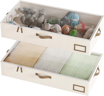 Under Bed Storage Containers, 2-Pack Underbed Storage Box, Collapsible Clothes Storage Bins with Handles and Lid, Large Under Bed Organizers for Shoe, Blanket, Toy, Pillow, Sheet, Beige