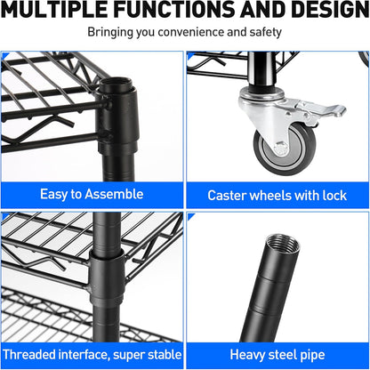 Rengue 4-Tier Wire Shelving with Wheels, 60"x 24"x72" Metal Storage Shelves, Heavy Duty Garage Storage Shelves, Chrome 2400LBS Capacity Wire Shelf Rack for Restaurant, Garage, Pantry, Black