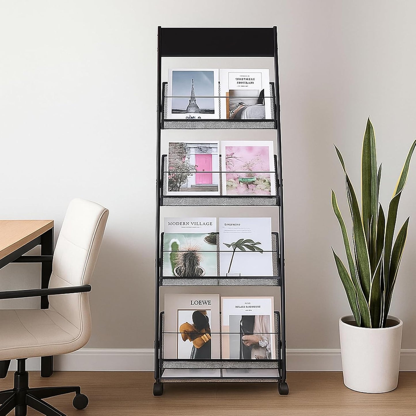 Floor-Standing Magazine Rack 4-Layer with Wheels, Brochure Display Stand for Exhibitions, Office, and Any Organization Requiring Information Display