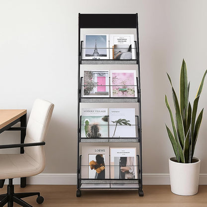 Floor-Standing Magazine Rack 4-Layer with Wheels, Brochure Display Stand for Exhibitions, Office, and Any Organization Requiring Information Display