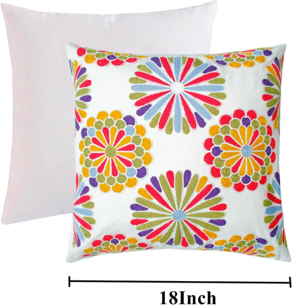 Embroidered Decorative Throw Pillow Cover, 18"x18" Set of 2, Farmhouse Pillowcase Colorful Knit Pattern Cotton Canvas Cushion Case Square Floral Pillow Case for Sofa Couch Bed Living Room