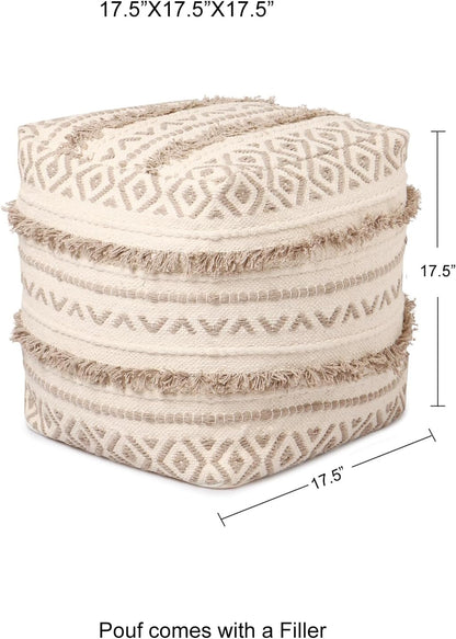 REDEARTH · Tufted Pouf Ottoman with Filler Textured Storage Cube Bean Bag Pouffe Footrest for Living Room, Bedroom, Nursery, Kidsroom; 100% Cotton (17.5"X17.5"X17.5", Geometric Craft Taupe)